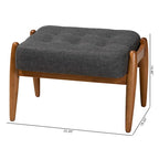 Pouffe ottoman Japandi en tissu gris foncé/beige capitonné avec pieds en noyer