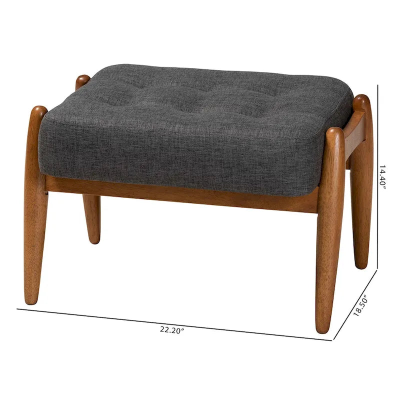 Pouffe ottoman Japandi en tissu gris foncé/beige capitonné avec pieds en noyer