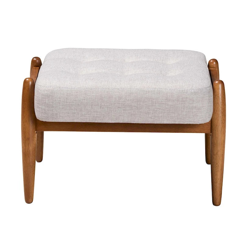 Pouffe ottoman Japandi en tissu gris foncé/beige capitonné avec pieds en noyer
