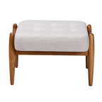 Pouffe ottoman Japandi en tissu gris foncé/beige capitonné avec pieds en noyer