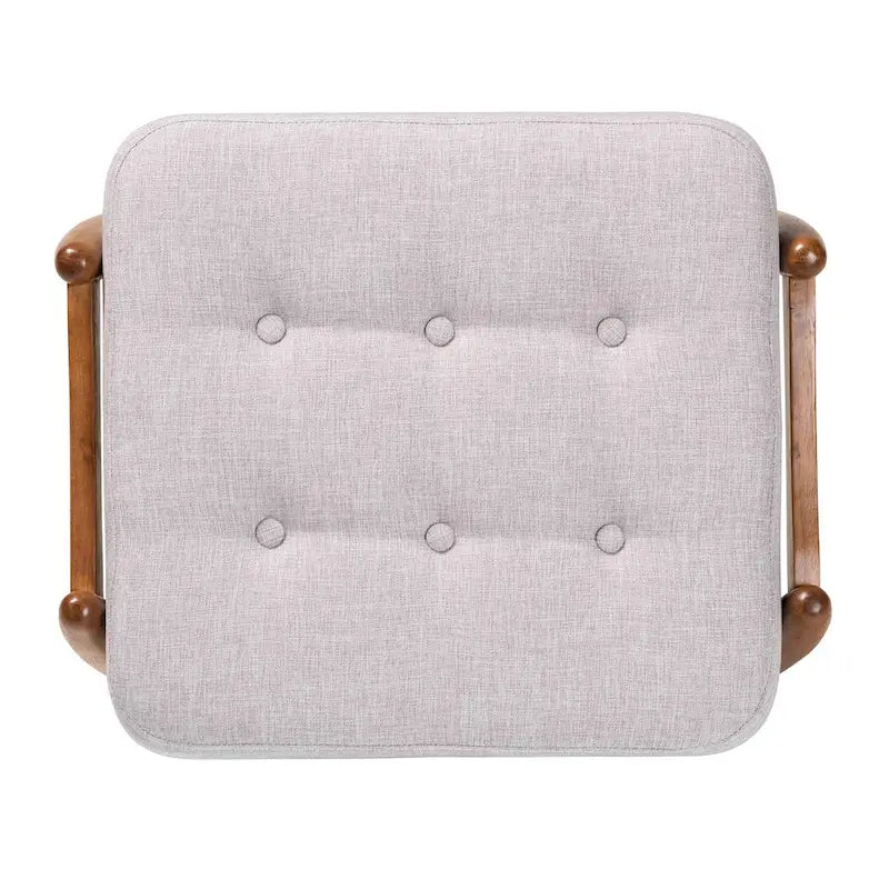 Pouffe ottoman Japandi en tissu gris foncé/beige capitonné avec pieds en noyer