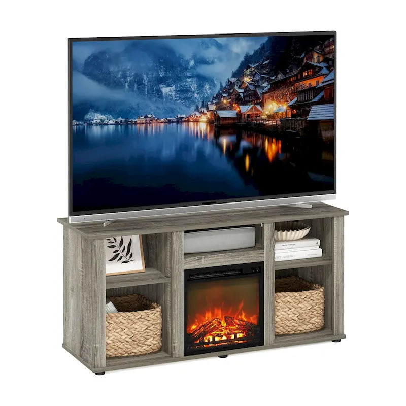 Meuble TV cheminée électrique pour téléviseurs jusqu'à 55 po chêne français gris/blanc/americano