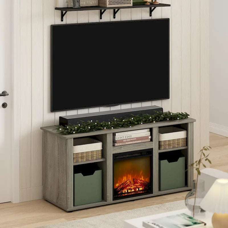 Meuble TV cheminée électrique pour téléviseurs jusqu'à 55 po chêne français gris/blanc/americano