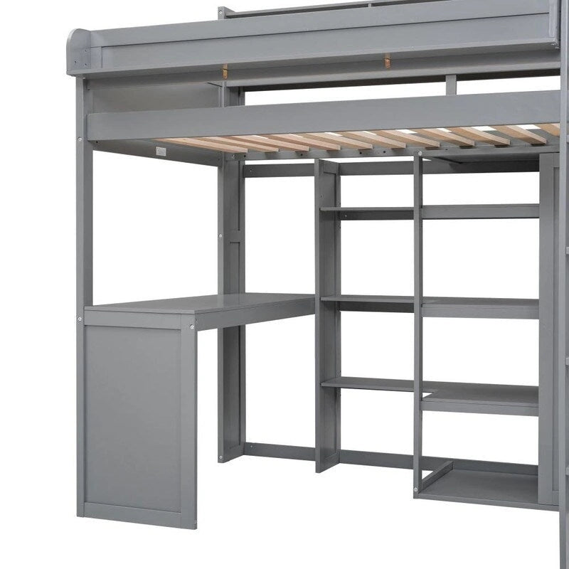 Lit mezzanine en bois avec plusieurs étagères de rangement, bureau et armoire, sécurité garantie, taille une place