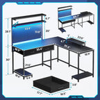 Bureau de jeu en L blanc/noir avec lumières LED, panneau perforé, support de moniteur, étagères à 4 niveaux et 2 tiroirs en tissu pour 2 personnes