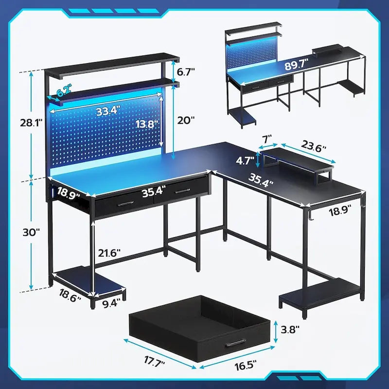 Bureau de jeu en L blanc/noir avec lumières LED, panneau perforé, support de moniteur, étagères à 4 niveaux et 2 tiroirs en tissu pour 2 personnes