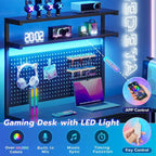 Bureau de jeu en L blanc/noir avec lumières LED, panneau perforé, support de moniteur, étagères à 4 niveaux et 2 tiroirs en tissu pour 2 personnes