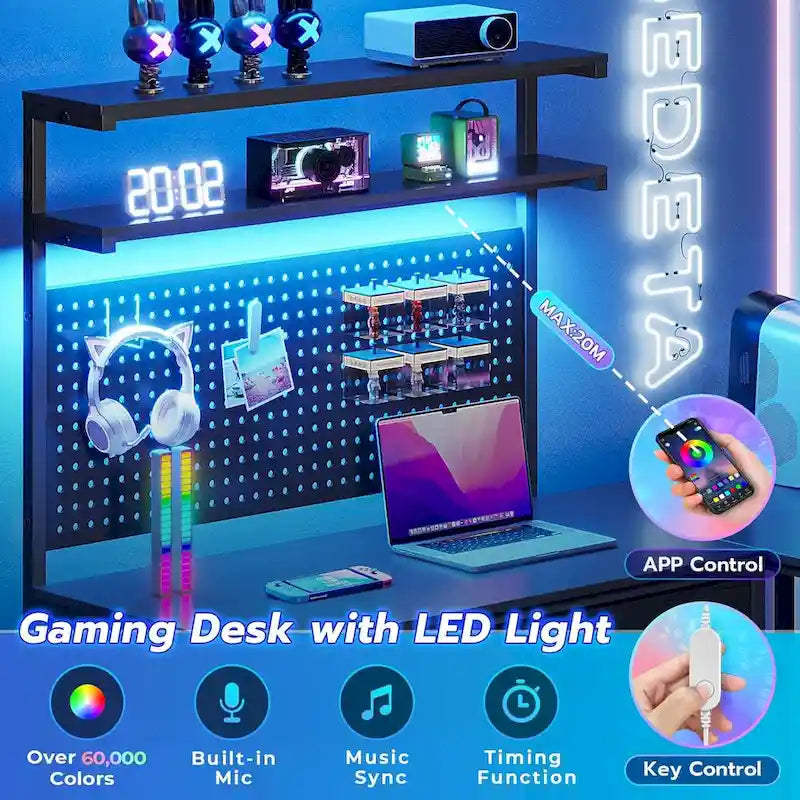 Bureau de jeu en L blanc/noir avec lumières LED, panneau perforé, support de moniteur, étagères à 4 niveaux et 2 tiroirs en tissu pour 2 personnes