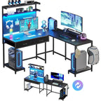 Bureau de jeu en L blanc/noir avec lumières LED, panneau perforé, support de moniteur, étagères à 4 niveaux et 2 tiroirs en tissu pour 2 personnes