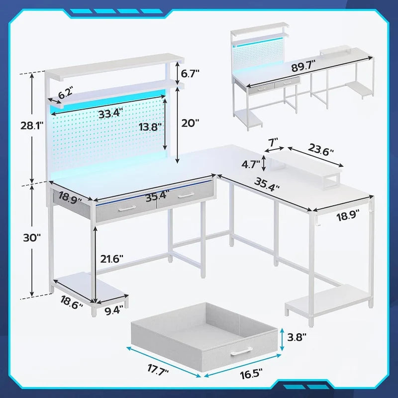 Bureau de jeu en L blanc/noir avec lumières LED, panneau perforé, support de moniteur, étagères à 4 niveaux et 2 tiroirs en tissu pour 2 personnes