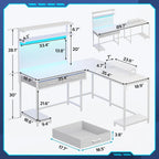 Bureau de jeu en L blanc/noir avec lumières LED, panneau perforé, support de moniteur, étagères à 4 niveaux et 2 tiroirs en tissu pour 2 personnes