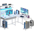 Bureau de jeu en L blanc/noir avec lumières LED, panneau perforé, support de moniteur, étagères à 4 niveaux et 2 tiroirs en tissu pour 2 personnes