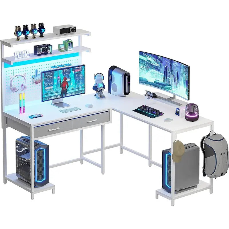 Bureau de jeu en L blanc/noir avec lumières LED, panneau perforé, support de moniteur, étagères à 4 niveaux et 2 tiroirs en tissu pour 2 personnes