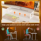 Bureau de jeu en L blanc/noir avec lumières LED, panneau perforé, support de moniteur, étagères à 4 niveaux et 2 tiroirs en tissu pour 2 personnes