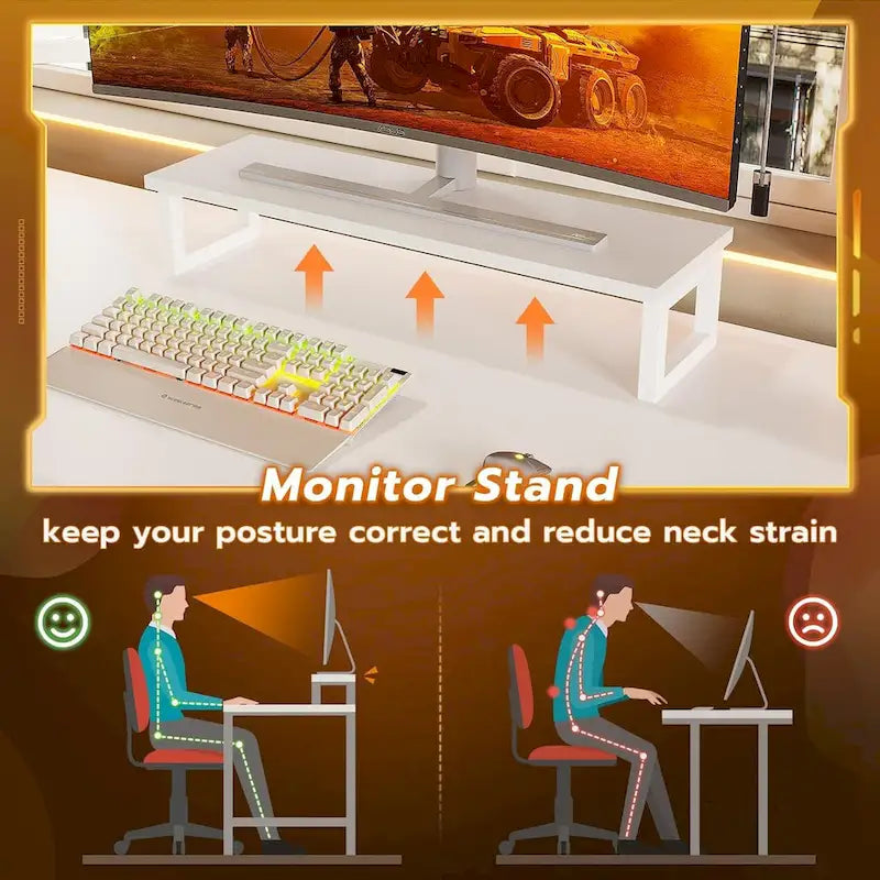 Bureau de jeu en L blanc/noir avec lumières LED, panneau perforé, support de moniteur, étagères à 4 niveaux et 2 tiroirs en tissu pour 2 personnes