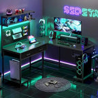 Bureau de jeu en L blanc/noir avec lumières LED, panneau perforé, support de moniteur, étagères à 4 niveaux et 2 tiroirs en tissu pour 2 personnes