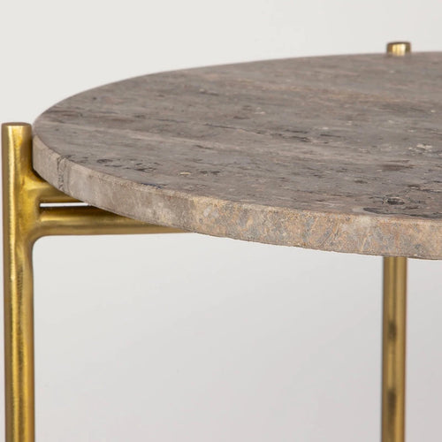 Table d'appoint – Or, plateau en marbre travertin et cadre en fer, usage individuel