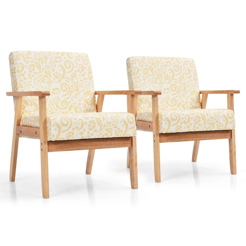 Fauteuil d'appoint en lin blanc/jaune avec structure en bois d'hévéa (lot de 2)