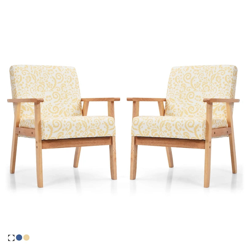 Fauteuil d'appoint en lin blanc/jaune avec structure en bois d'hévéa (lot de 2)