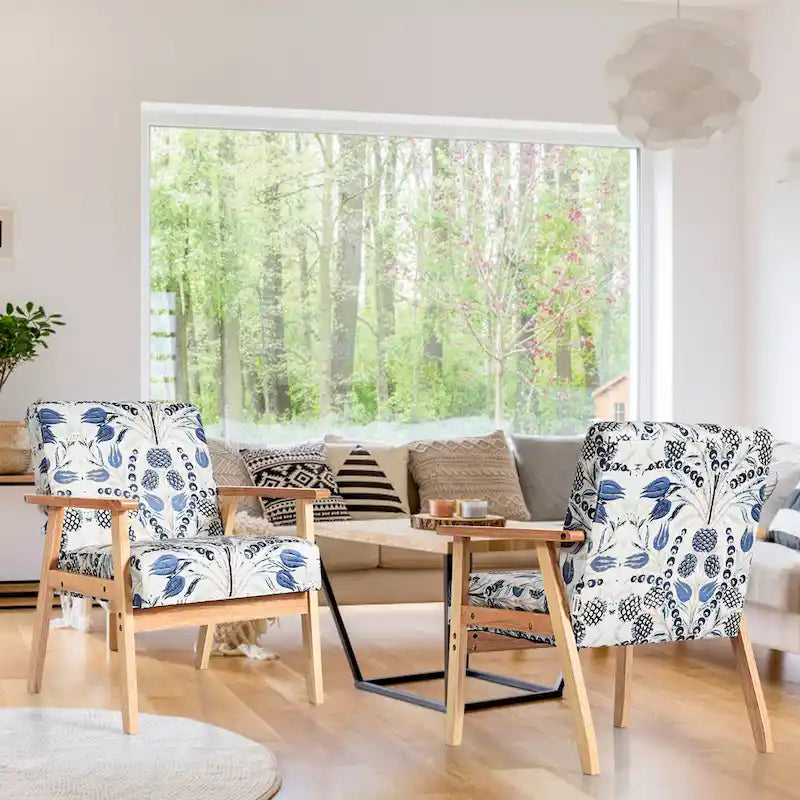 Fauteuil d'appoint en lin blanc/jaune avec structure en bois d'hévéa (lot de 2)