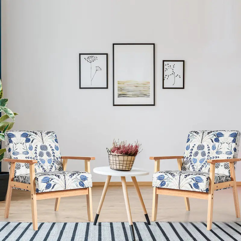 Fauteuil d'appoint en lin blanc/jaune avec structure en bois d'hévéa (lot de 2)