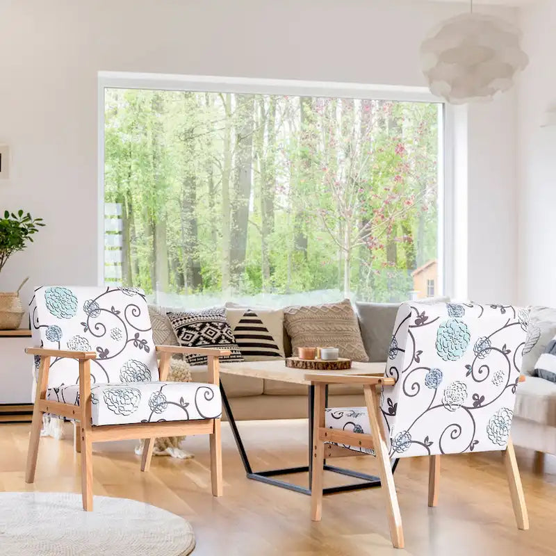 Fauteuil d'appoint en lin blanc/jaune avec structure en bois d'hévéa (lot de 2)