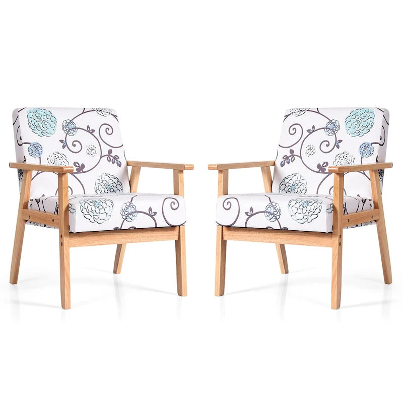 Fauteuil d'appoint en lin blanc/jaune avec structure en bois d'hévéa (lot de 2)