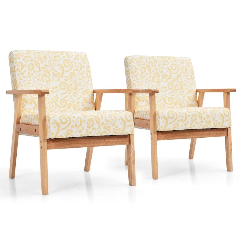Fauteuil d'appoint en lin blanc/jaune avec structure en bois d'hévéa (lot de 2)