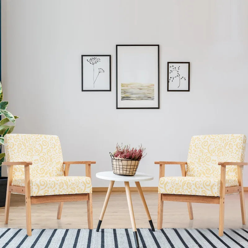 Fauteuil d'appoint en lin blanc/jaune avec structure en bois d'hévéa (lot de 2)