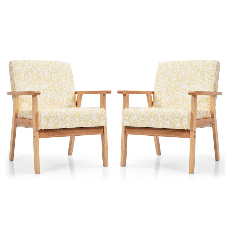 Fauteuil d'appoint en lin blanc/jaune avec structure en bois d'hévéa (lot de 2)
