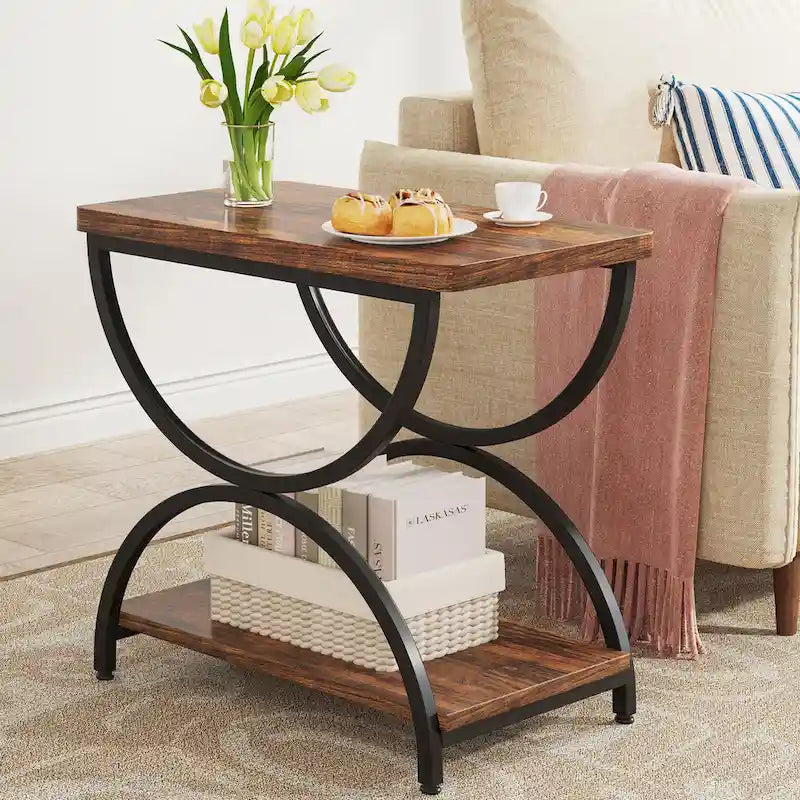 2-Tier Rectangular Wood Metal End Side Chairside Table