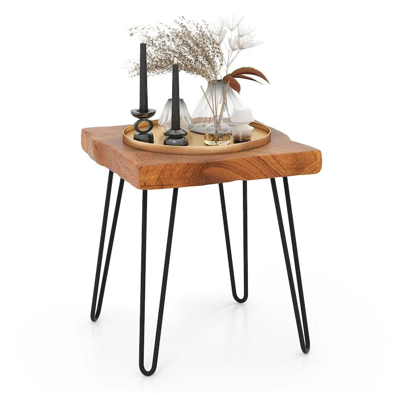 Table d'appoint – Bois de teck recyclé marron et pieds en métal, ronde / carrée / rectangulaire, usage individuel