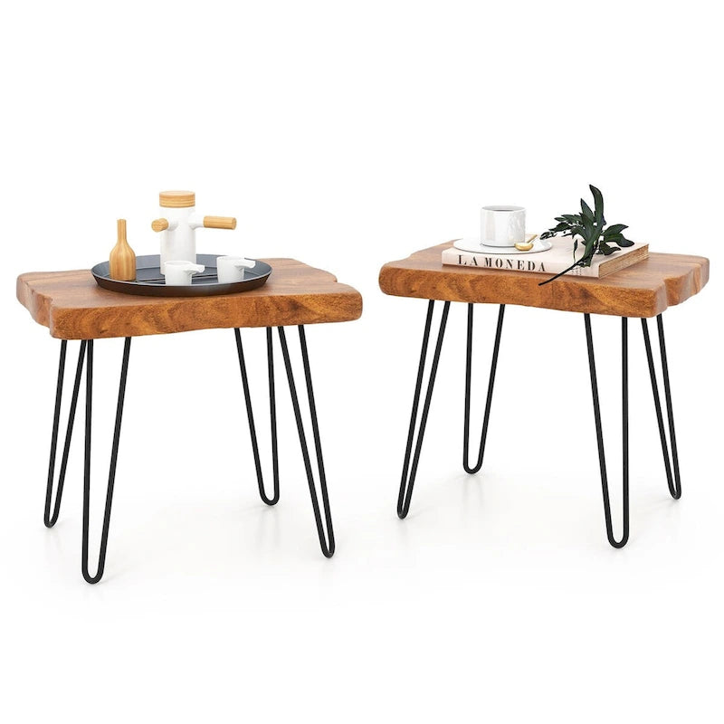 Table d'appoint – Bois de teck recyclé marron et pieds en métal, ronde / carrée / rectangulaire, usage individuel