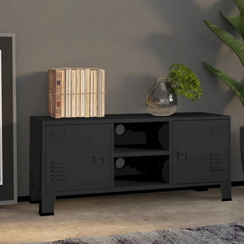 Meuble TV industriel en métal noir et blanc avec rangement