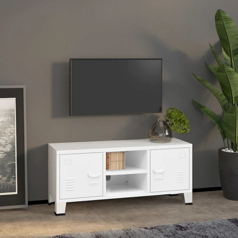 Meuble TV industriel en métal noir et blanc avec rangement