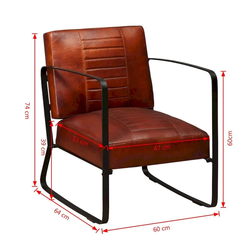 Fauteuil industriel en cuir véritable marron avec cadre en acier pour 1 personne