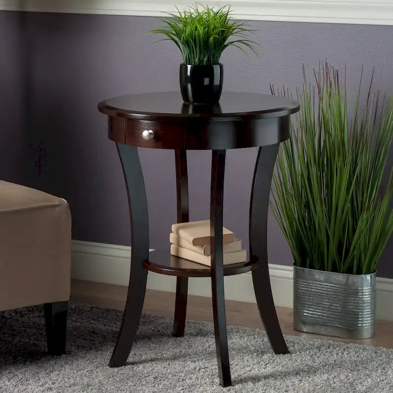 Table d'appoint ronde – Cappuccino, bois courbé avec tiroir et étagère, pour une personne