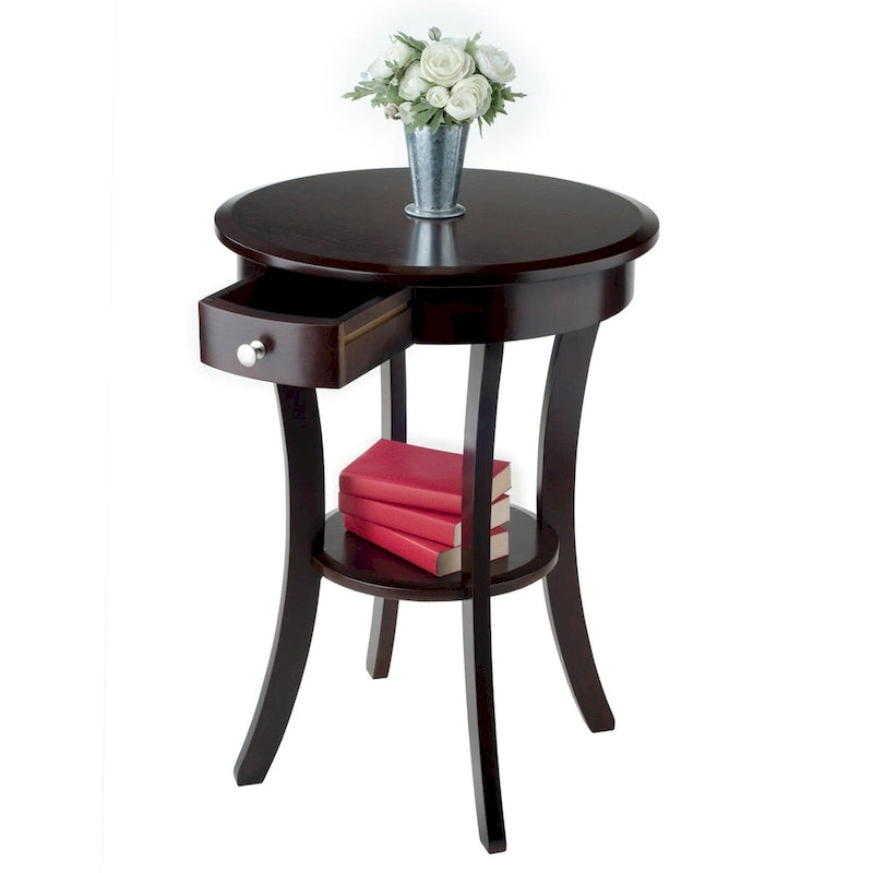 Table d'appoint ronde – Cappuccino, bois courbé avec tiroir et étagère, pour une personne