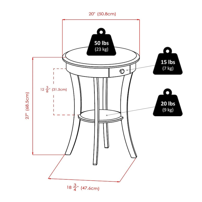 Table d'appoint ronde – Cappuccino, bois courbé avec tiroir et étagère, pour une personne