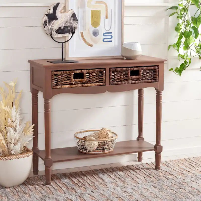 Console de rangement avec tiroirs en rotin – Marron/Sépia, pin colonial, 1 à 2 utilisateurs
