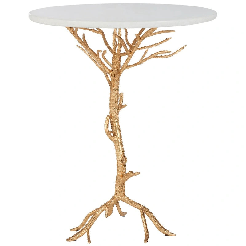 Table d'appoint ronde – Or et blanc, plateau en granit et base en fer de style branche, utilisateur unique