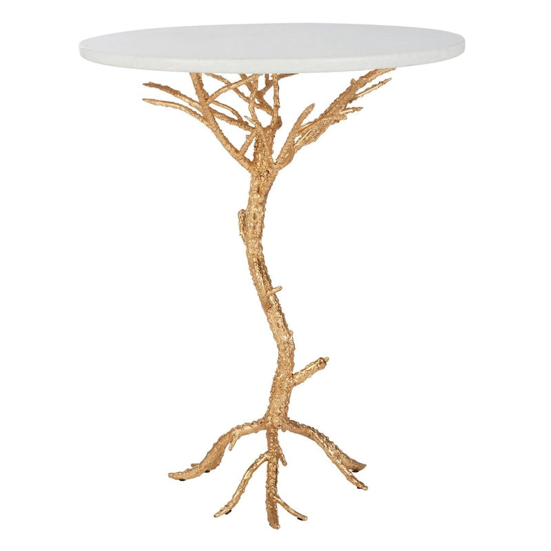 Table d'appoint ronde – Or et blanc, plateau en granit et base en fer de style branche, utilisateur unique