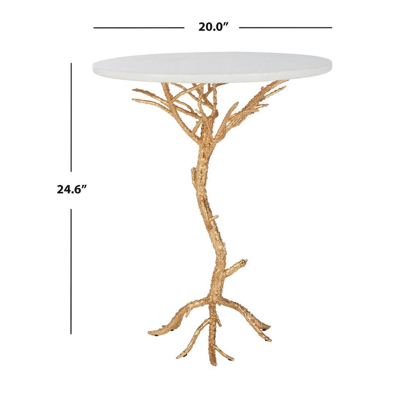 Table d'appoint ronde – Or et blanc, plateau en granit et base en fer de style branche, utilisateur unique