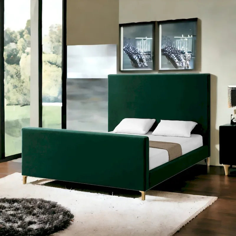 Lit king-size en bois massif vert chasseur, revêtu de velours