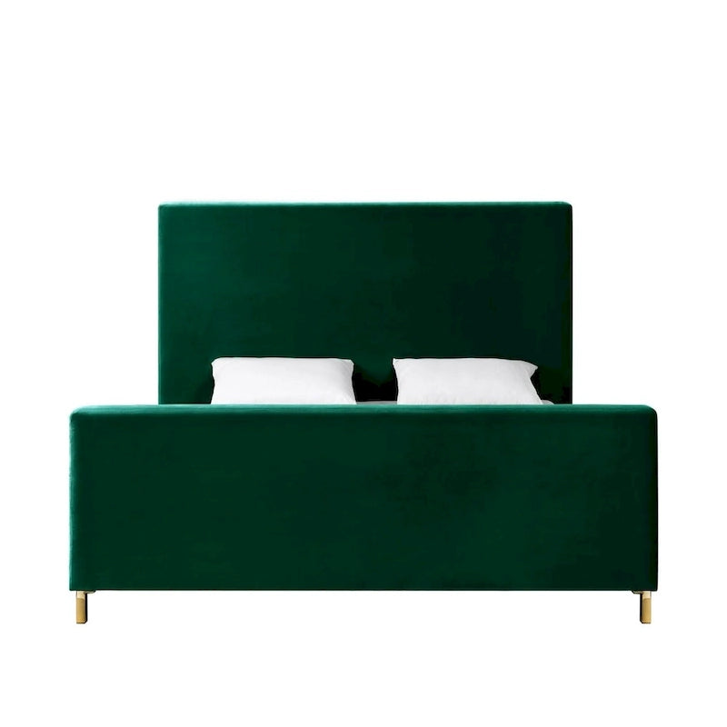 Kingsize bed van massief hout met fluwelen bekleding in effen jagergroen