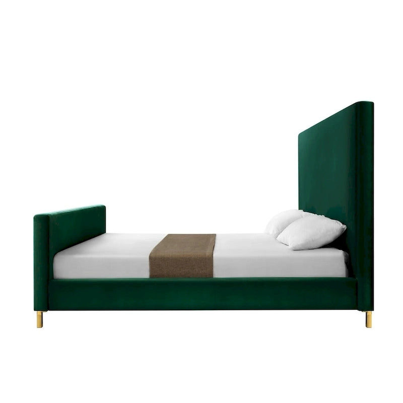 Kingsize bed van massief hout met fluwelen bekleding in effen jagergroen