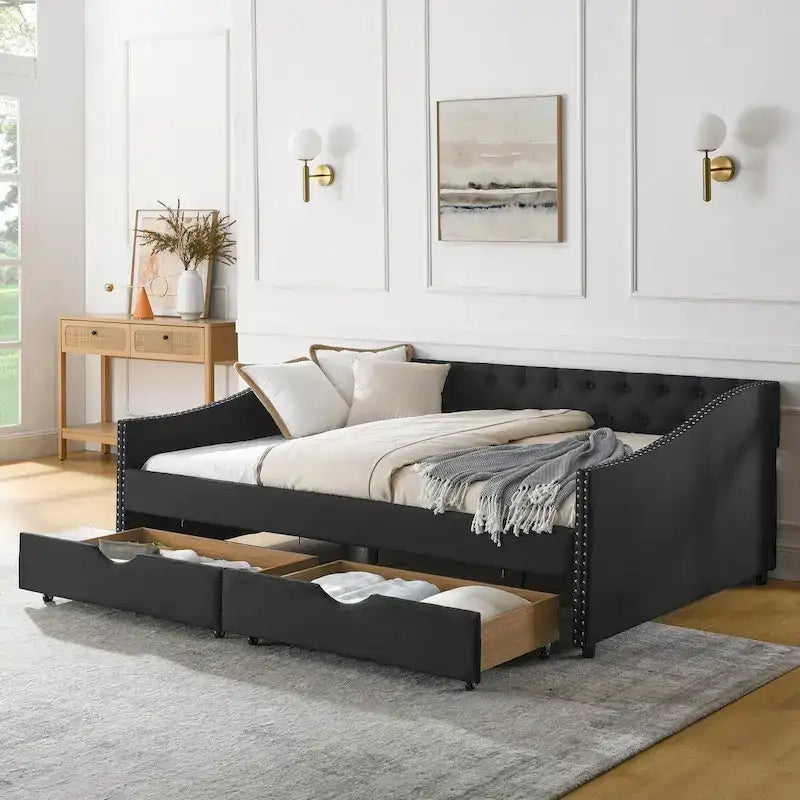 Lit de repos double avec tiroirs, canapé-lit capitonné revêtu de tissu, avec boutons au dos et clous en cuivre sur les accoudoirs ondulés