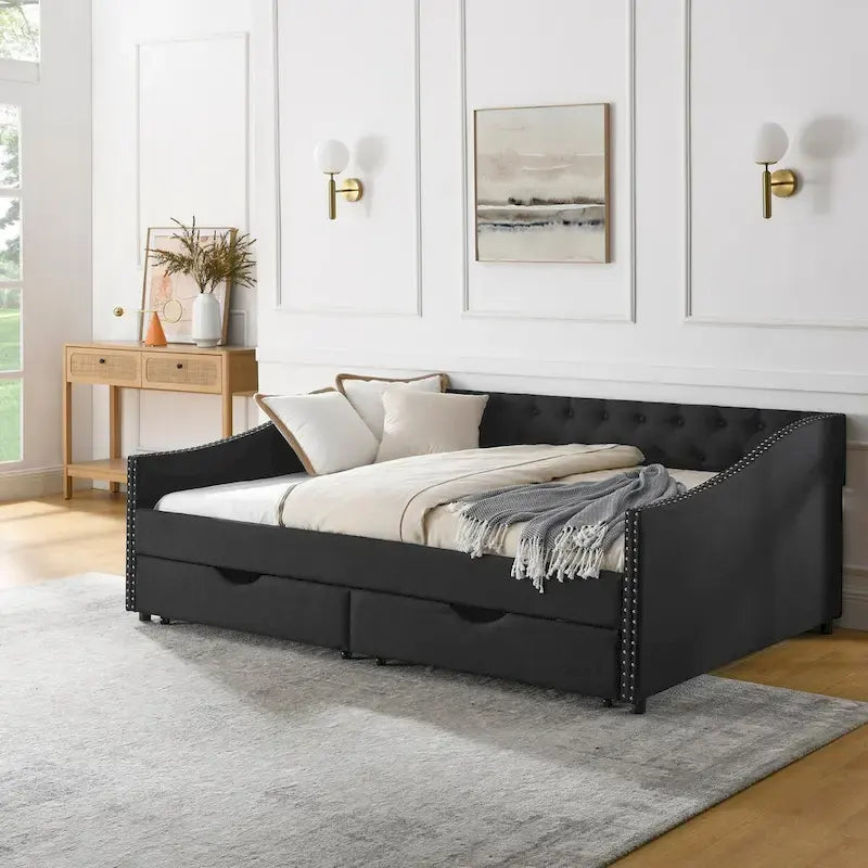 Tagesbett in voller Größe mit Schubladen, gepolstertes Sofa-Bett mit Tufting, Knöpfen an der Rückenlehne und Kupfernägeln an den geschwungenen Armlehnen