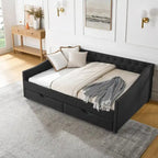 Tagesbett in voller Größe mit Schubladen, gepolstertes Sofa-Bett mit Tufting, Knöpfen an der Rückenlehne und Kupfernägeln an den geschwungenen Armlehnen