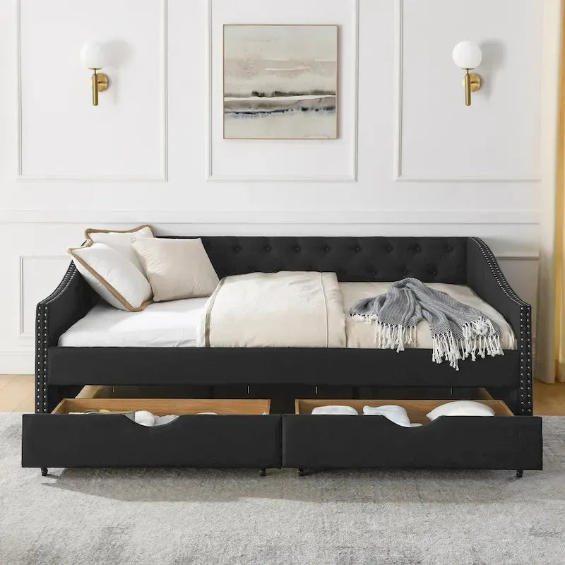 Tagesbett in voller Größe mit Schubladen, gepolstertes Sofa-Bett mit Tufting, Knöpfen an der Rückenlehne und Kupfernägeln an den geschwungenen Armlehnen